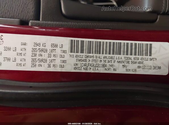 1C4RJFAG0JC211864 2018 JEEP GRAND CHEROKEE Красный Вид подкапотного пространства