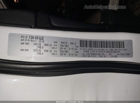 1C4RJFAG8KC641448 2019 JEEP GRAND CHEROKEE Белый Вид подкапотного пространства