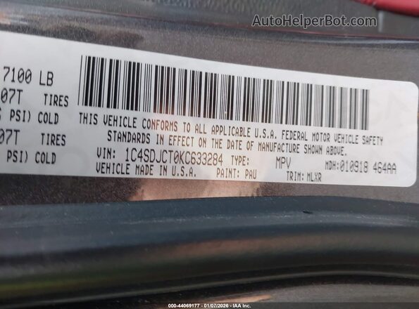 1C4SDJCT0KC633284 2019 DODGE DURANGO Gray 