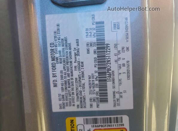 1FA6P8CF2N5112299 2022 FORD MUSTANG Серебряный Вид наклейки с VIN-кодом
