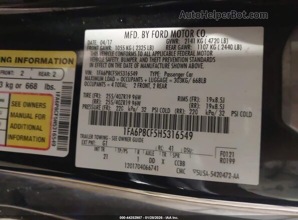 1FA6P8CF5H5316549 2017 FORD MUSTANG Черный Вид подкапотного пространства