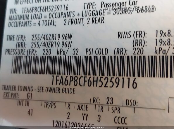 1FA6P8CF6H5259116 2017 FORD MUSTANG Черный Вид подкапотного пространства