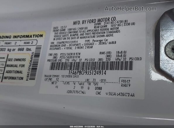 1FA6P8CF9J5124914 2018 FORD MUSTANG Белый Вид подкапотного пространства