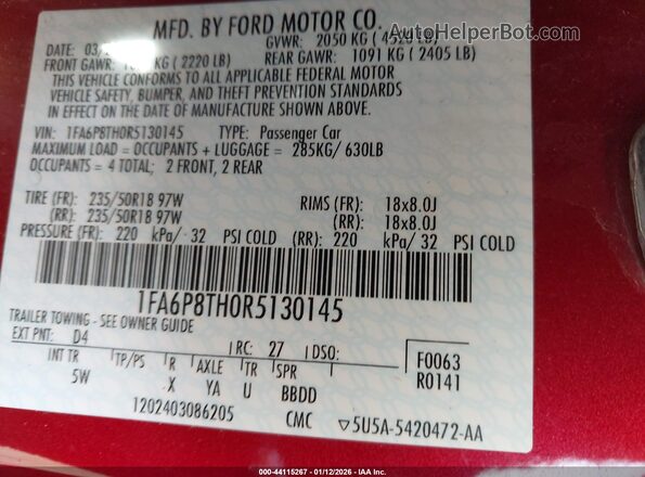 1FA6P8TH0R5130145 2024 FORD MUSTANG Красный Вид подкапотного пространства