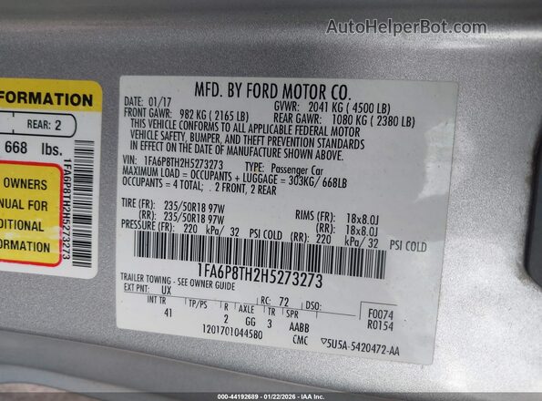 1FA6P8TH2H5273273 2017 FORD MUSTANG Серебряный Вид подкапотного пространства