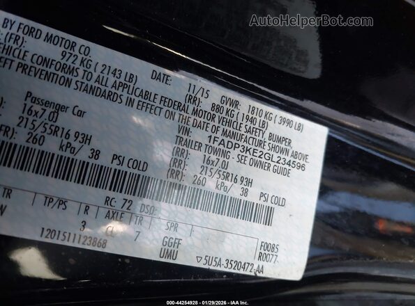 1FADP3KE2GL234596 2016 FORD FOCUS Black ძრავის განყოფილების ხედი