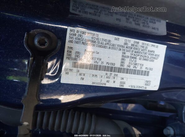 1FADP3N28GL259827 2016 FORD FOCUS Синий Вид подкапотного пространства