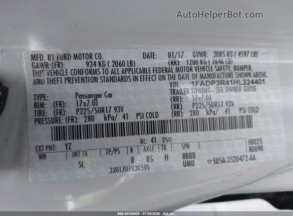 1FADP3R41HL224401 2017 FORD FOCUS ELECTRIC White Engine compartment view