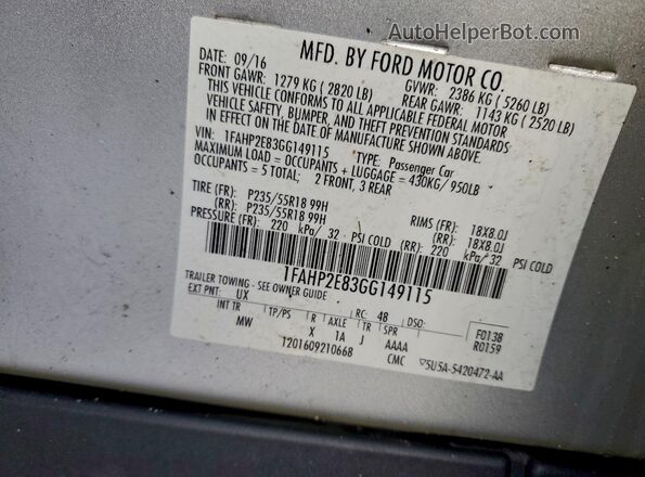 1FAHP2E83GG149115 2016 FORD TAURUS Серебряный Вид подкапотного пространства