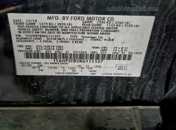 1FAHP2F82KG111527 2019 FORD TAURUS Black Vista del compartimento del motor