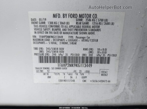 1FAHP2MK9KG113449 2019 FORD POLICE INTERCEPTOR Белый Вид подкапотного пространства