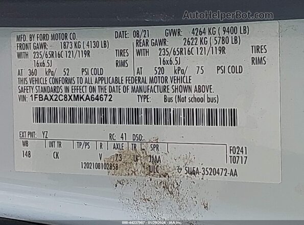 1FBAX2C8XMKA64672 2021 FORD PASSENGER Белый Вид подкапотного пространства