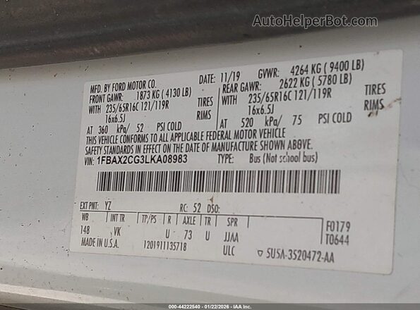 1FBAX2CG3LKA08983 2020 FORD PASSENGER White ძრავის განყოფილების ხედი