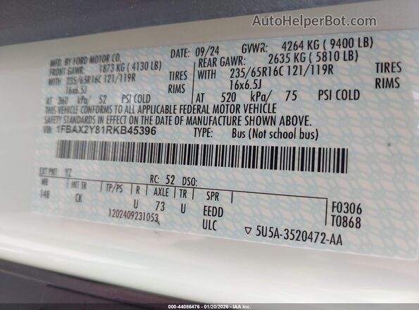 1FBAX2Y81RKB45396 2024 FORD PASSENGER White Vista del compartimento del motor