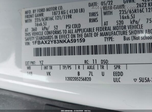1FBAX2Y83NKA59159 2022 FORD PASSENGER White Vista del compartimento del motor