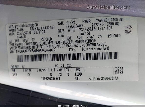 1FBAX2Y84NKA04462 2022 FORD PASSENGER Белый Вид подкапотного пространства