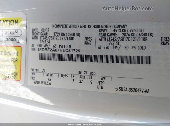 1FDBF2A67HEC81729 2017 FORD F-250 Белый Вид подкапотного пространства