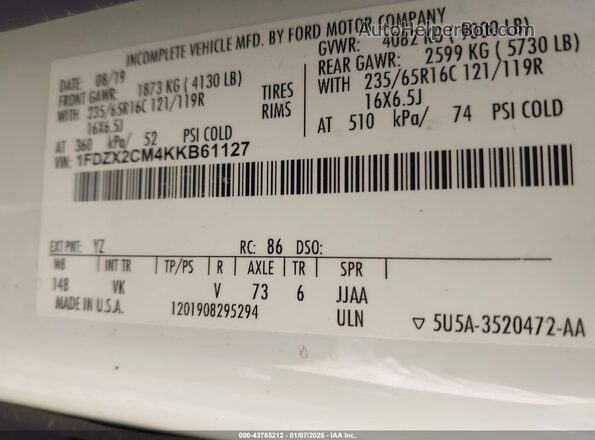 1FDZX2CM4KKB61127 2019 FORD TRANSIT-350 Белый Вид подкапотного пространства