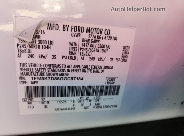 1FM5K7D86GGC57184 2016 FORD FORD EXPLORER White Vista de la etiqueta del VIN