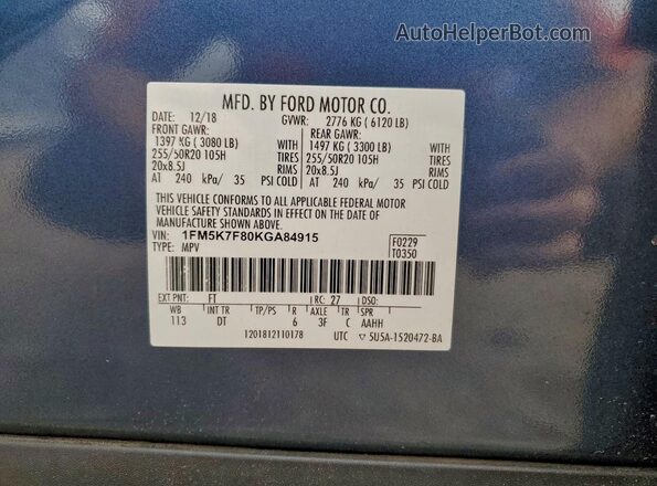 1FM5K7F80KGA84915 2019 FORD FORD EXPLORER Синий Панорамный вид салона 360°