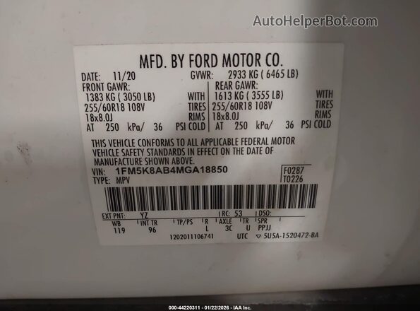 1FM5K8AB4MGA18850 2021 FORD POLICE INTERCEPTOR White Widok komory silnika