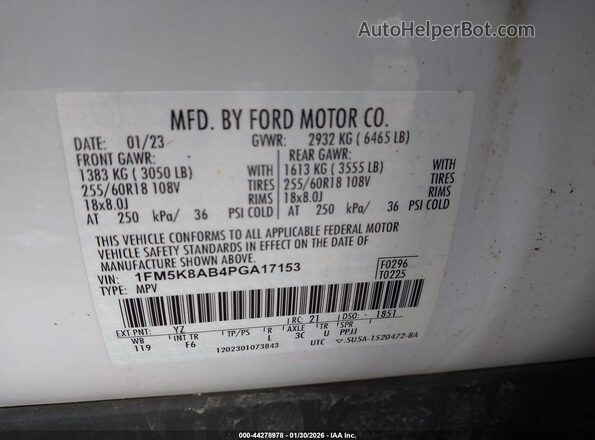1FM5K8AB4PGA17153 2023 FORD POLICE INTERCEPTOR White Вид підкапотного простору