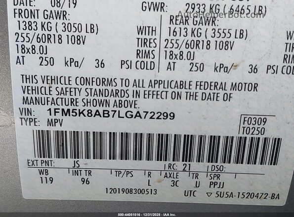 1FM5K8AB7LGA72299 2020 FORD POLICE INTERCEPTOR Silver Widok komory silnika