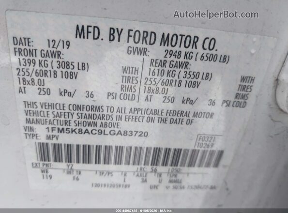 1FM5K8AC9LGA83720 2020 FORD POLICE INTERCEPTOR Белый Вид подкапотного пространства