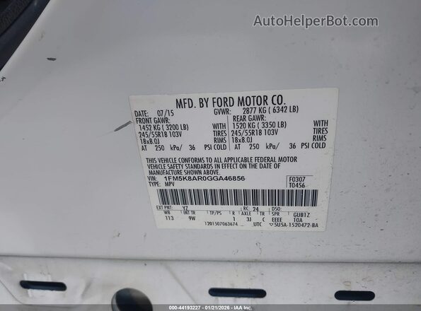 1FM5K8AR0GGA46856 2016 FORD UTILITY POLICE INTERCEPTOR Белый Вид подкапотного пространства