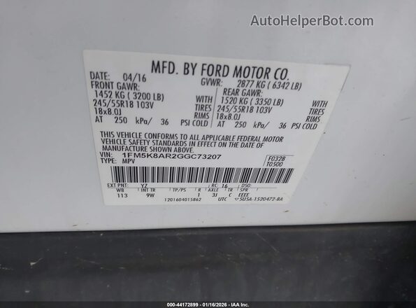 1FM5K8AR2GGC73207 2016 FORD UTILITY POLICE INTERCEPTOR White Widok komory silnika