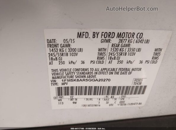 1FM5K8AR5GGA20270 2016 FORD UTILITY POLICE INTERCEPTOR White Widok komory silnika