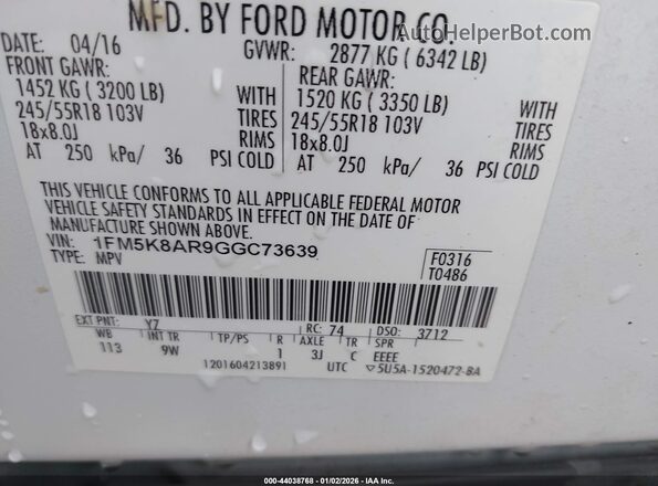 1FM5K8AR9GGC73639 2016 FORD UTILITY POLICE INTERCEPTOR White Widok komory silnika