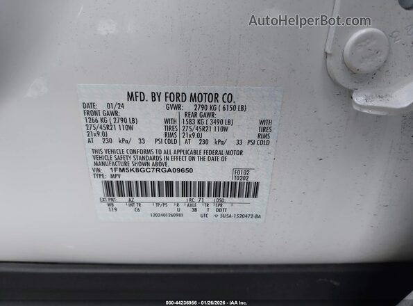 1FM5K8GC7RGA09650 2024 FORD FORD EXPLORER White Widok komory silnika