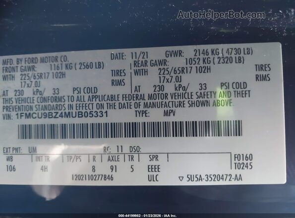 1FMCU9BZ4MUB05331 2021 FORD ESCAPE Black Vista del compartimento del motor