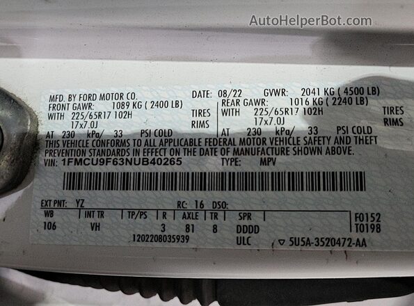 1FMCU9F63NUB40265 2022 FORD ESCAPE  Widok naklejki z numerem VIN