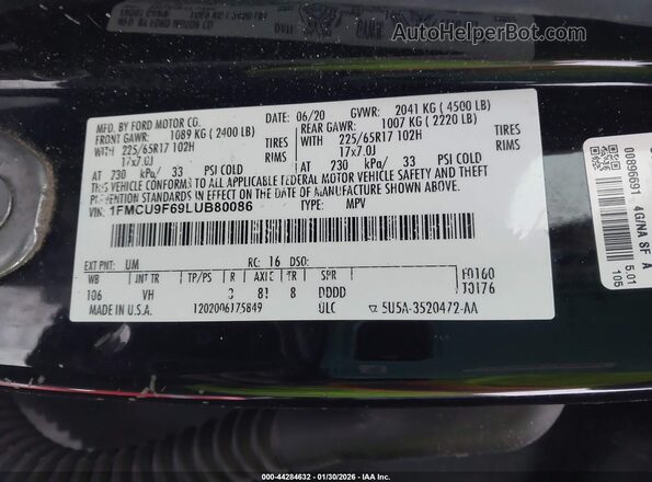 1FMCU9F69LUB80086 2020 FORD ESCAPE Черный Вид задних сидений