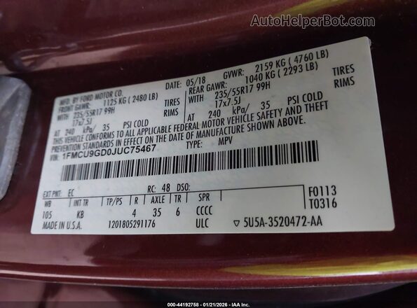 1FMCU9GD0JUC75467 2018 FORD ESCAPE Бордовый Вид подкапотного пространства