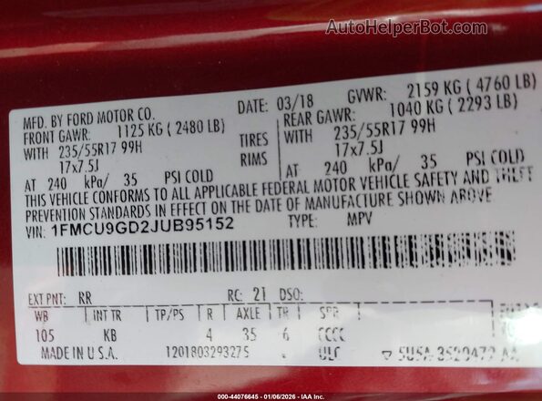 1FMCU9GD2JUB95152 2018 FORD ESCAPE Красный Вид подкапотного пространства