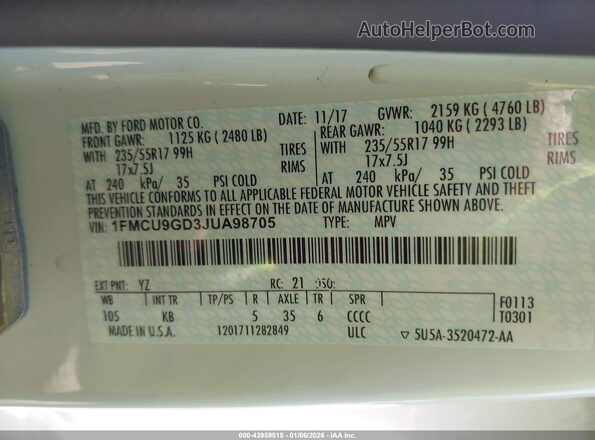 1FMCU9GD3JUA98705 2018 FORD ESCAPE Белый Вид подкапотного пространства