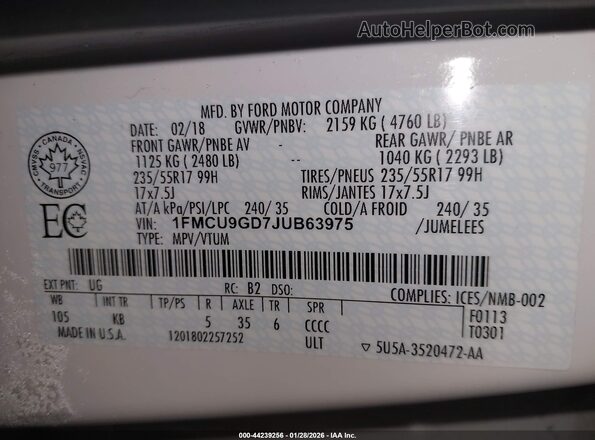 1FMCU9GD7JUB63975 2018 FORD ESCAPE Белый Вид подкапотного пространства
