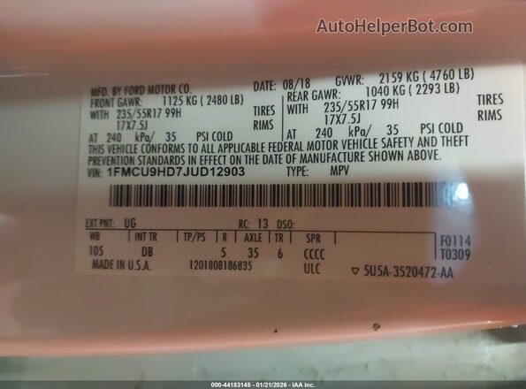 1FMCU9HD7JUD12903 2018 FORD ESCAPE Белый Вид подкапотного пространства