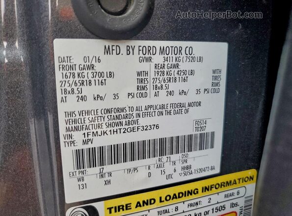 1FMJK1HT2GEF32376 2016 FORD EXPEDITION Серый Вид подкапотного пространства