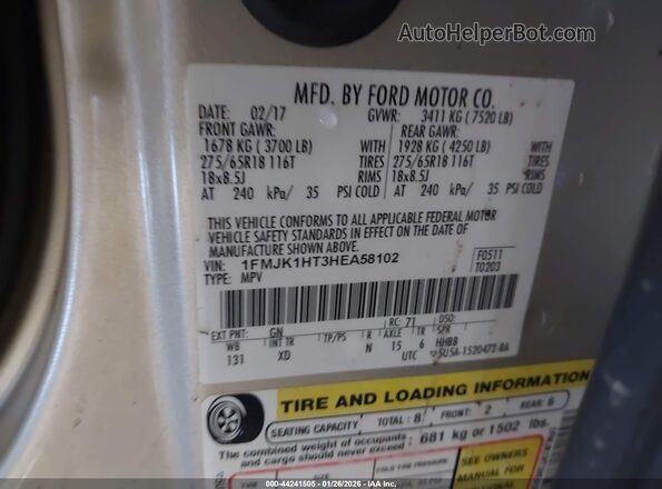 1FMJK1HT3HEA58102 2017 FORD EXPEDITION EL Бежевый Вид подкапотного пространства
