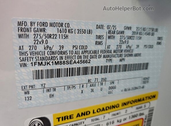 1FMJK1M88SEA45662 2025 FORD EXPEDITION Белый Вид наклейки с VIN-кодом