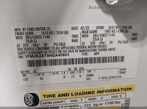 1FMJK2AT9NEA40893 2022 FORD EXPEDITION Белый Вид подкапотного пространства
