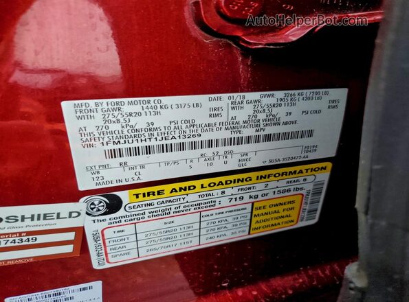 1FMJU1HT1JEA13269 2018 FORD EXPEDITION Красный Вид наклейки с VIN-кодом