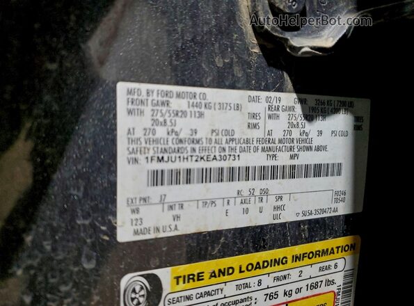 1FMJU1HT2KEA30731 2019 FORD EXPEDITION Gray Widok naklejki z numerem VIN