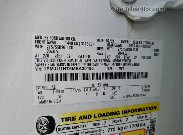 1FMJU1HT6MEA20190 2021 FORD EXPEDITION White Вид наклейки з VIN-кодом