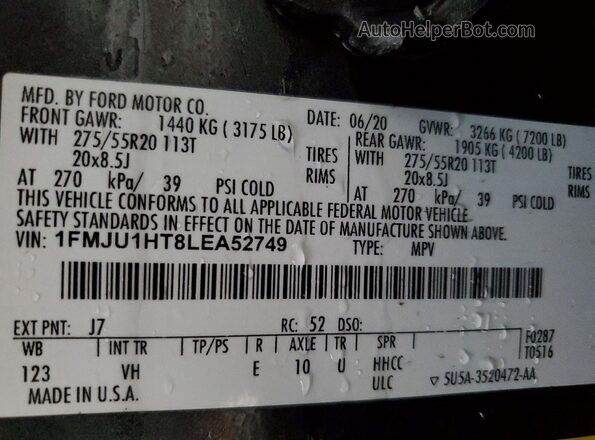 1FMJU1HT8LEA52749 2020 FORD EXPEDITION Серый Вид наклейки с VIN-кодом