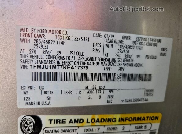 1FMJU1MT7KEA17379 2019 FORD EXPEDITION Серебряный Панорамный вид салона 360°